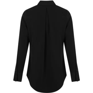 A black long-sleeved shirt with a half placket and a back pleat, featuring buttoned cuffs. It has branding.