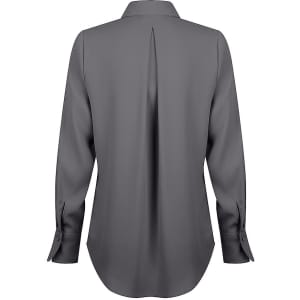 A grey shirt with a 1/2 placket and long sleeves, featuring a centre back pleat and button cuffs.
