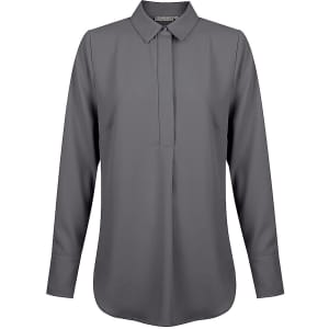 A grey Quinn 1/2 placket shirt featuring a collar and long sleeves, with a subtle logo.