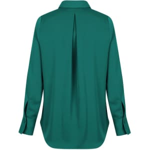 A green shirt with a half placket and long sleeves, featuring a central pleat at the back. It has a logo.