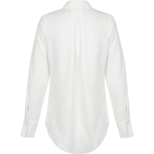 A white Quinn 1/2 Placket shirt featuring long sleeves and a back pleat design. It has a logo on the fabric.