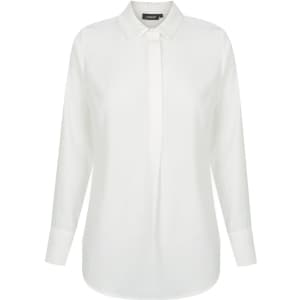 A white, long-sleeved shirt with a half placket and a collar, featuring branding on the neckline.