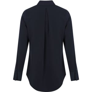 A black long-sleeve shirt with a half placket and a back pleat. It features cuffed sleeves and a classic collar.