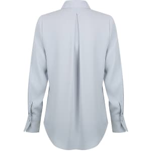 A light blue shirt with a half placket and long sleeves, featuring a back pleat and buttoned cuffs.
