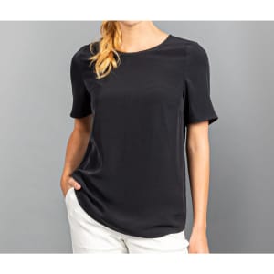 A black short sleeve shirt with a relaxed fit and a crew neckline, featuring a logo.