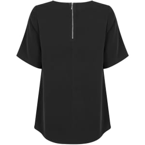 A black short sleeve shirt with a back zipper and a loose fit. It features a simple design and has a logo.