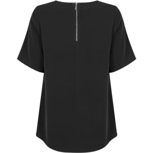 A black short sleeve shirt with a subtle back zipper. It features a relaxed fit and an elegant design.