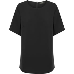 A black short sleeve shirt featuring a round neckline and a back zip closure. It has branding on the interior.