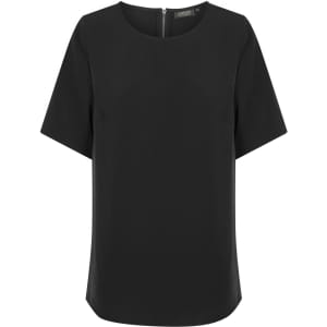 A black short sleeve shirt with a round neckline and a zip closure at the back. Features a branding logo.