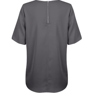 A grey short sleeve shirt with a back zip and a rounded hem, featuring a subtle branding logo.