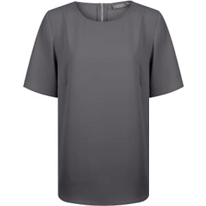 A grey short sleeve shirt with a minimalist design and a rear zipper, featuring a logo.