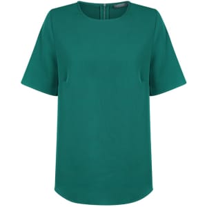 A green short sleeve shirt featuring a round neckline and a subtle back opening, with a logo visible.