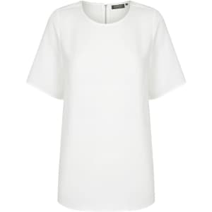 A white short sleeve shirt with a simple design and a back zip closure, featuring a logo.