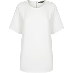 A white short sleeve shirt featuring a simple design and an attached logo.