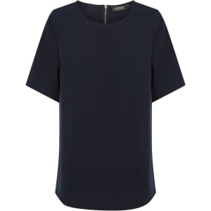 A navy blue short sleeve shirt with a simple design, featuring a subtle zipper at the back and branding.