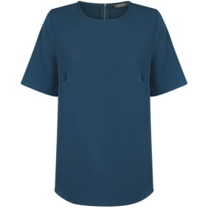 A teal short sleeve shirt featuring a round neckline and a subtle branded tag on the back.