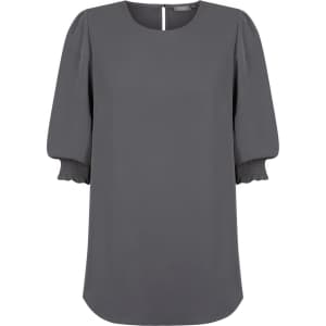 A grey blouse with shirred cuffs and a keyhole back design, featuring a relaxed fit and rounded neckline.