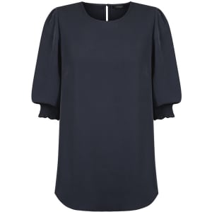 A black blouse with a round neckline and shirred cuffs, featuring a keyhole detail at the back and a smooth finish.