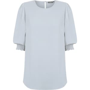 A light blue blouse featuring shirred cuffs and a back opening, with a smooth fabric finish.