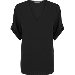A black V-neck shirt with rolled sleeves and a subtle branding tag at the neckline.