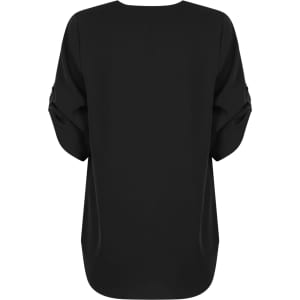 A black V-neck shirt featuring a loose fit and rolled-up sleeves, with a logo on the back.