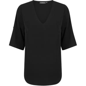 A black V-neck shirt with short sleeves and a rounded hem. It has a brand logo on one sleeve.