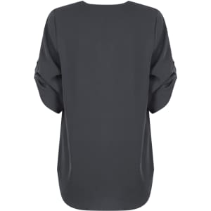 A dark grey V-neck shirt with rolled sleeves, featuring a relaxed fit and smooth fabric. It has a logo detail.