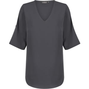 A dark grey V-neck shirt with short sleeves and a slight drape, featuring a brand logo at the neckline.