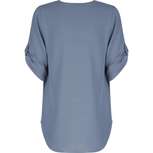A blue V-neck shirt with rolled sleeves, featuring a smooth fabric and a relaxed fit. The back view is visible.