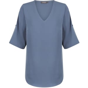 A blue v-neck shirt with short sleeves and decorative buttons on the sleeves, featuring a subtle brand logo.