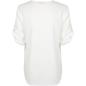 A white V-neck shirt with rolled sleeves and a smooth finish. It features a subtle logo on the back.