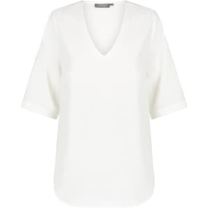 A white V-neck shirt with short sleeves, featuring a smooth fabric and a subtle logo.