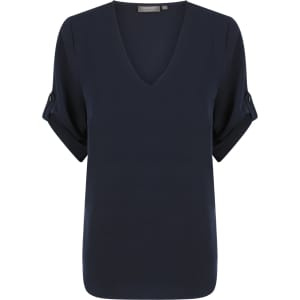 A navy blue V-neck shirt with rolled sleeves and a standard fit. It features a logo on the label.