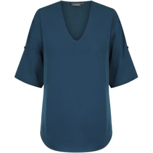 A teal V-neck shirt with short sleeves and a curved hem, featuring subtle detailing at the sleeves.