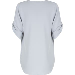 A grey Reese V Neck shirt with rolled sleeves, featuring a smooth back design and a subtle sheen.