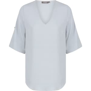 A light grey V-neck shirt with short sleeves and a brand logo on the side.
