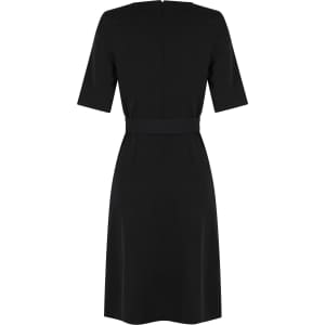A black dress featuring short sleeves and a belted waist, showcased from the back. It has a simple, elegant design.