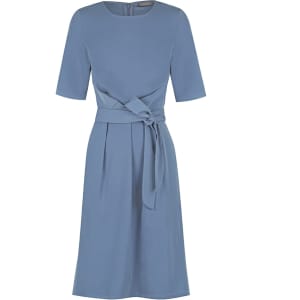 A blue Mason Dress featuring short sleeves, a belt tie, and a knee-length design. It has a simple and elegant silhouette.