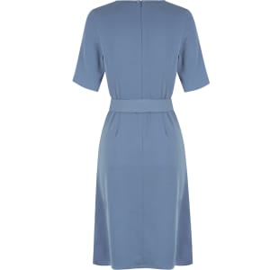 A blue dress with short sleeves, a belted waist, and a back zipper. The dress has a simple, elegant design.