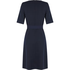 A navy blue dress with short sleeves, a belted waist, and a back zip closure, featuring a simple, elegant design.