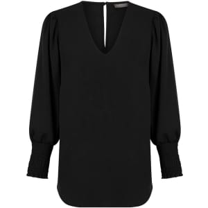 A black V-neck shirt with puffed sleeves and smocked cuffs, featuring a button closure at the back and a branded label.