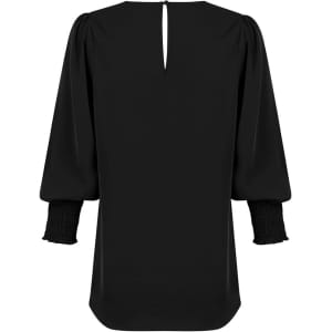 A black Cleo V Neck shirt with a keyhole back and puffed sleeves, featuring gathered detailing at the cuffs.