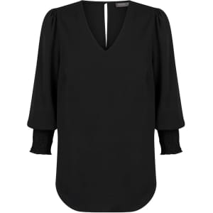A black V-neck shirt with three-quarter puff sleeves and smocked cuffs, featuring a back keyhole opening.