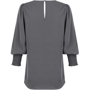 A grey V-neck shirt with long sleeves and smocked details at the cuffs, featuring a keyhole back.
