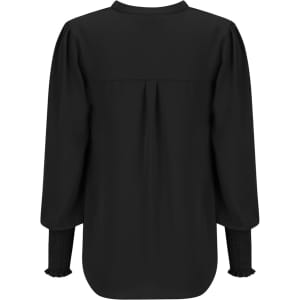 A black long sleeve top featuring puffed sleeves and gathered cuffs. The back design includes a subtle pleat.