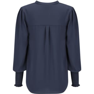 A navy long sleeve top featuring a pleated back and gathered cuffs. The design is simple and elegant.
