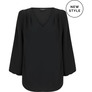 A black v-neck popover shirt with three-quarter sleeves, featuring pleats and a logo.