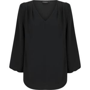 A black V-neck popover shirt with three-quarter bell sleeves, featuring pleated detailing and a subtle branding.