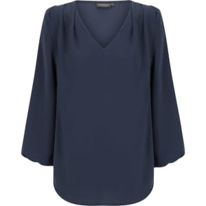 A navy blue v-neck popover shirt with three-quarter sleeves and a soft texture. It features subtle pleating details.