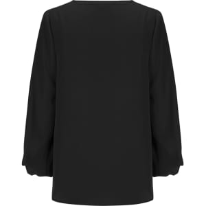 A black V-neck popover shirt with a loose fit and long sleeves. The back view is displayed, showcasing its simple design.